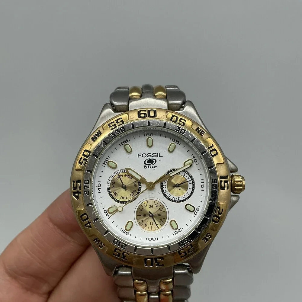 Vintage Fossil Blue BQ-8774 Mens Watch 40mm Two Tone Bracelet New Battery 7.5